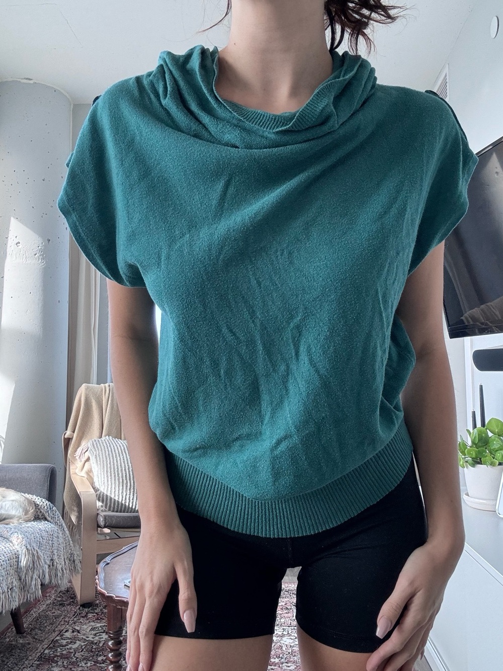 Teal Cowl-Neck Short-Sleeve Sweater for Women